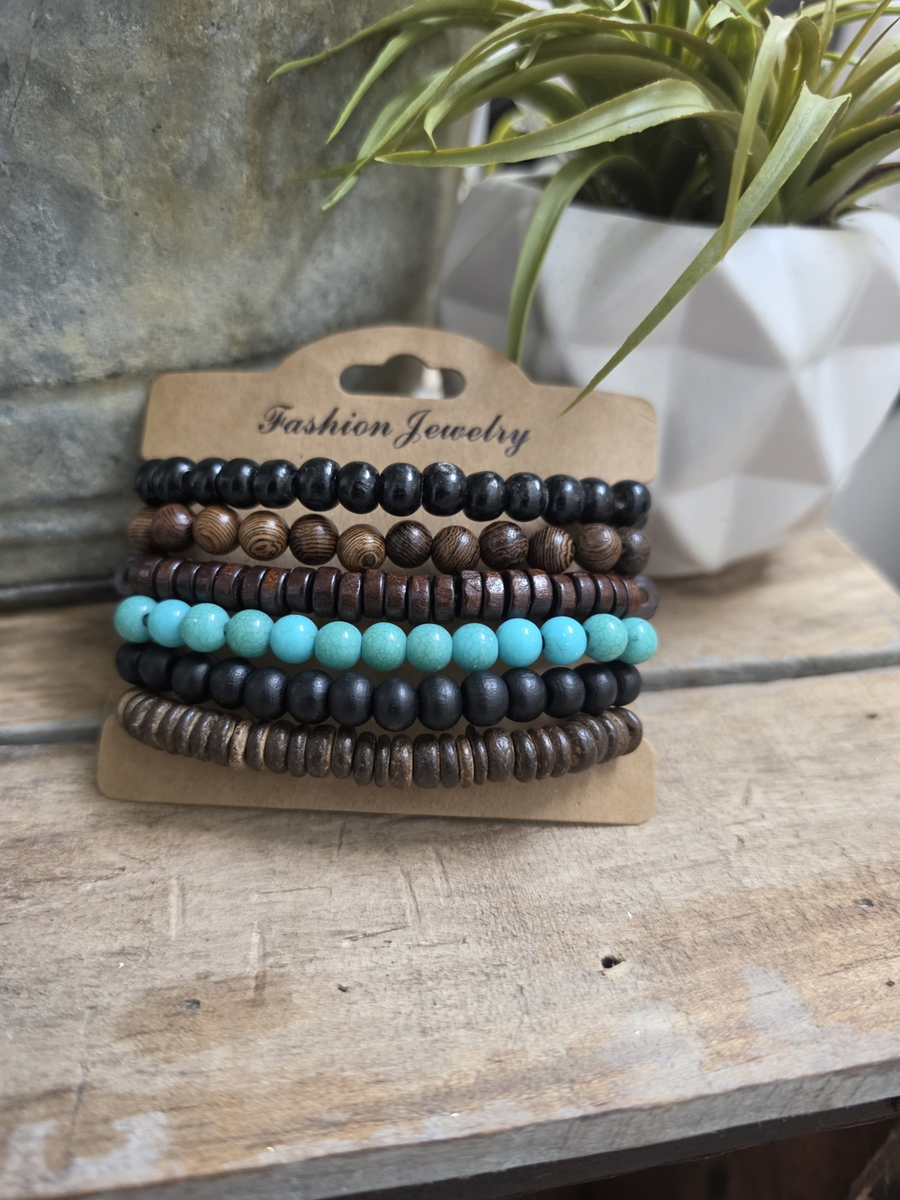 Boho Bracelet Set Turquoise Wood Bead Layered Stack Stretch Bracelets 6 Pc